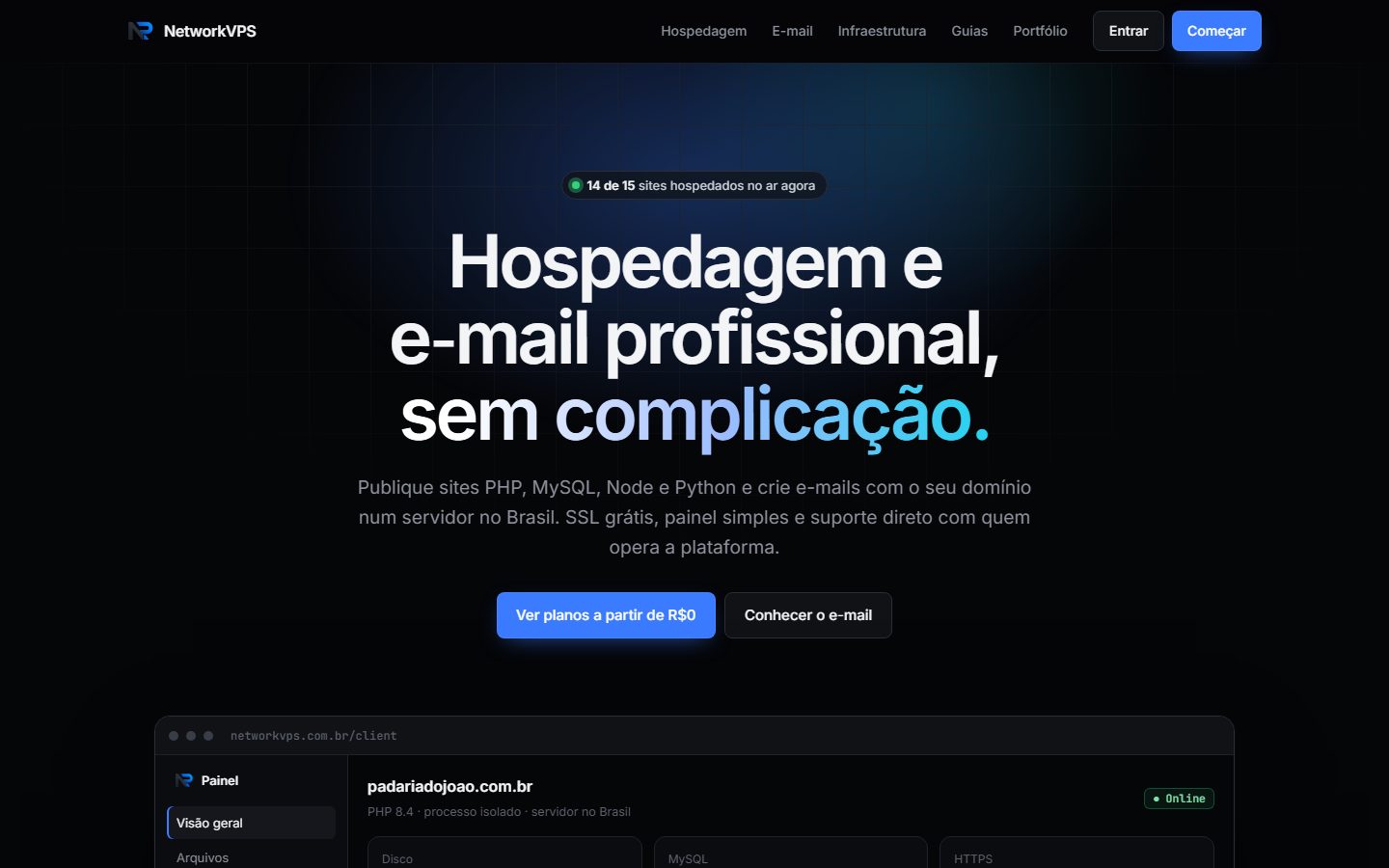 Página inicial da NetworkVPS, com o título Site e e-mail no Brasil e o indicador de sites no ar